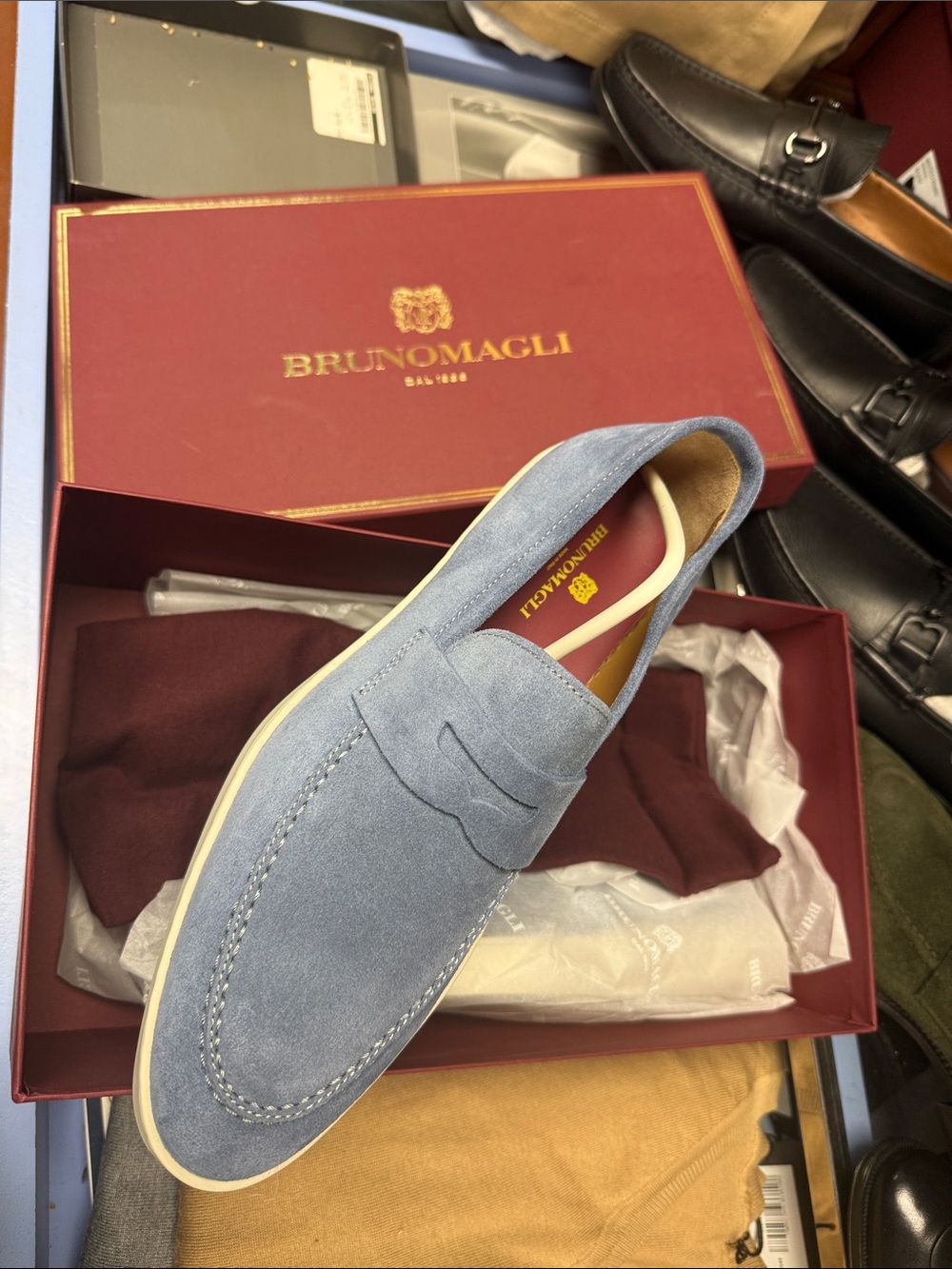 Bruno Magli Light Blue Suede Penny Loafers